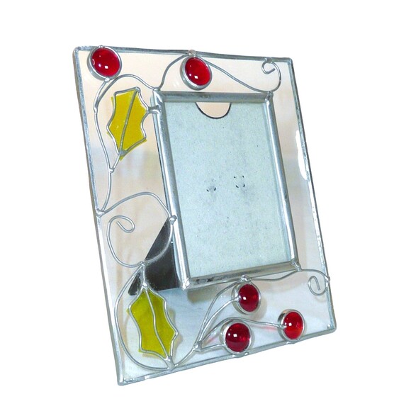 Stained Glass Picture Photo Frame Green Holly Leaves Red Berries Wallet 2.5x3.5 - Picture 1 of 8